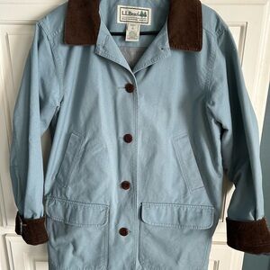 L.L. Bean Women's Light Blue Utility Jacket with Dark Brown Trim